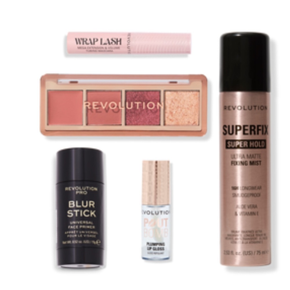 Revolution Eyeshadow Palette with Superfix Spray and Lip Gloss